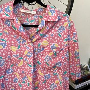 Vintage pink floral print polka dot blouse
